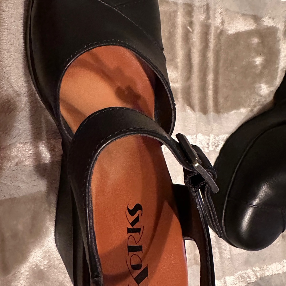 Kork-Ease Black Leather Wedge Sandals with Ankle Strap